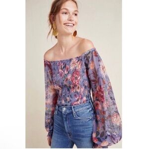 Anthropologie Rouen Smocked Floral Mesh Sleeve Top Size Medium
